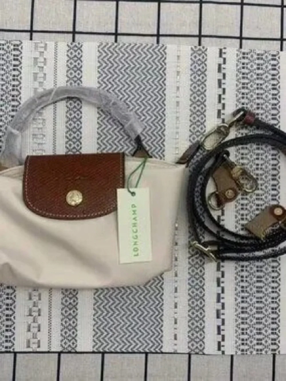 Longchamp Small Le Pliage Nylon Crossbody Bag in Cream with Brown Trim